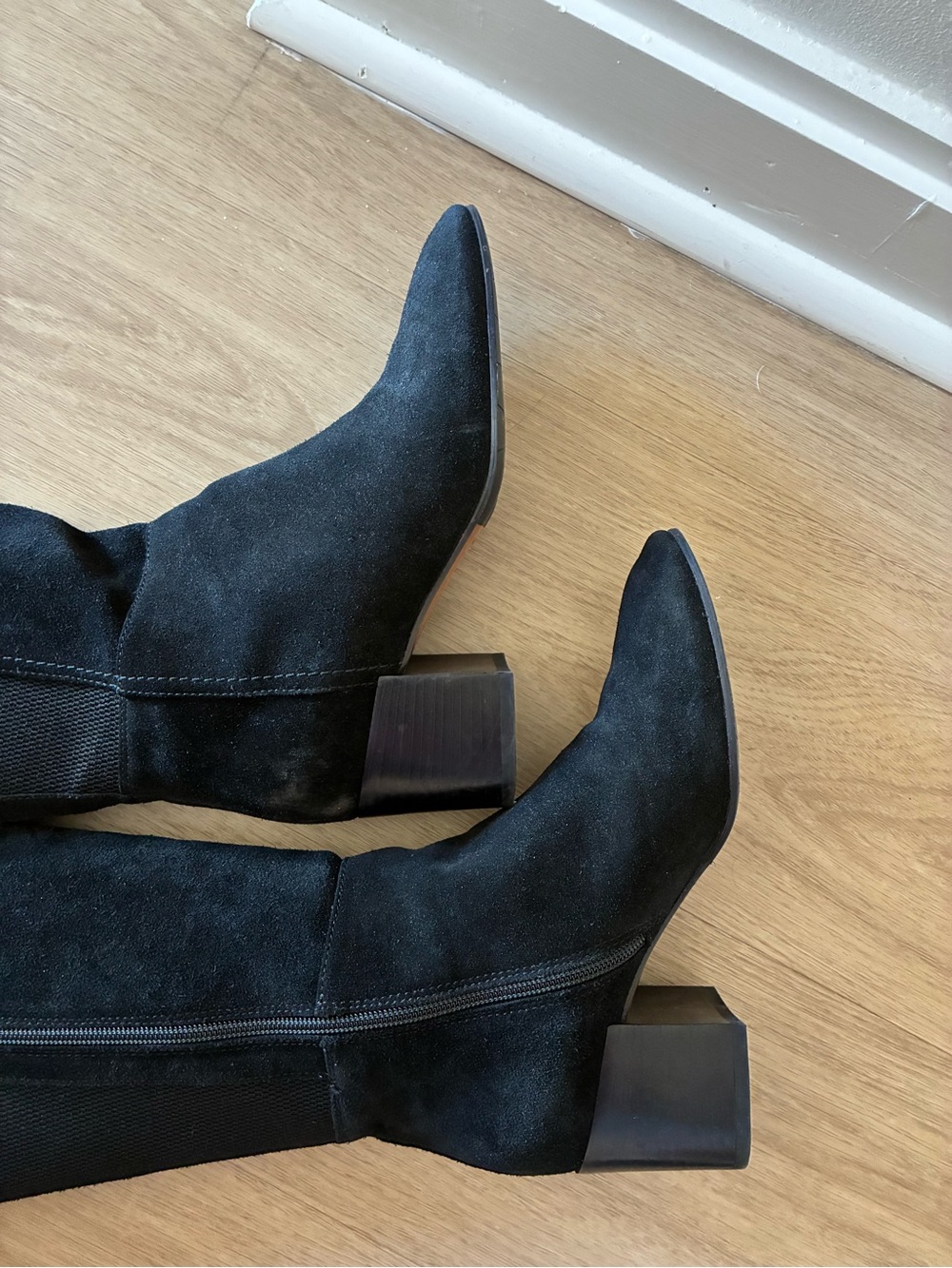 Aquatalia black suede and stretch knee boots with block heels